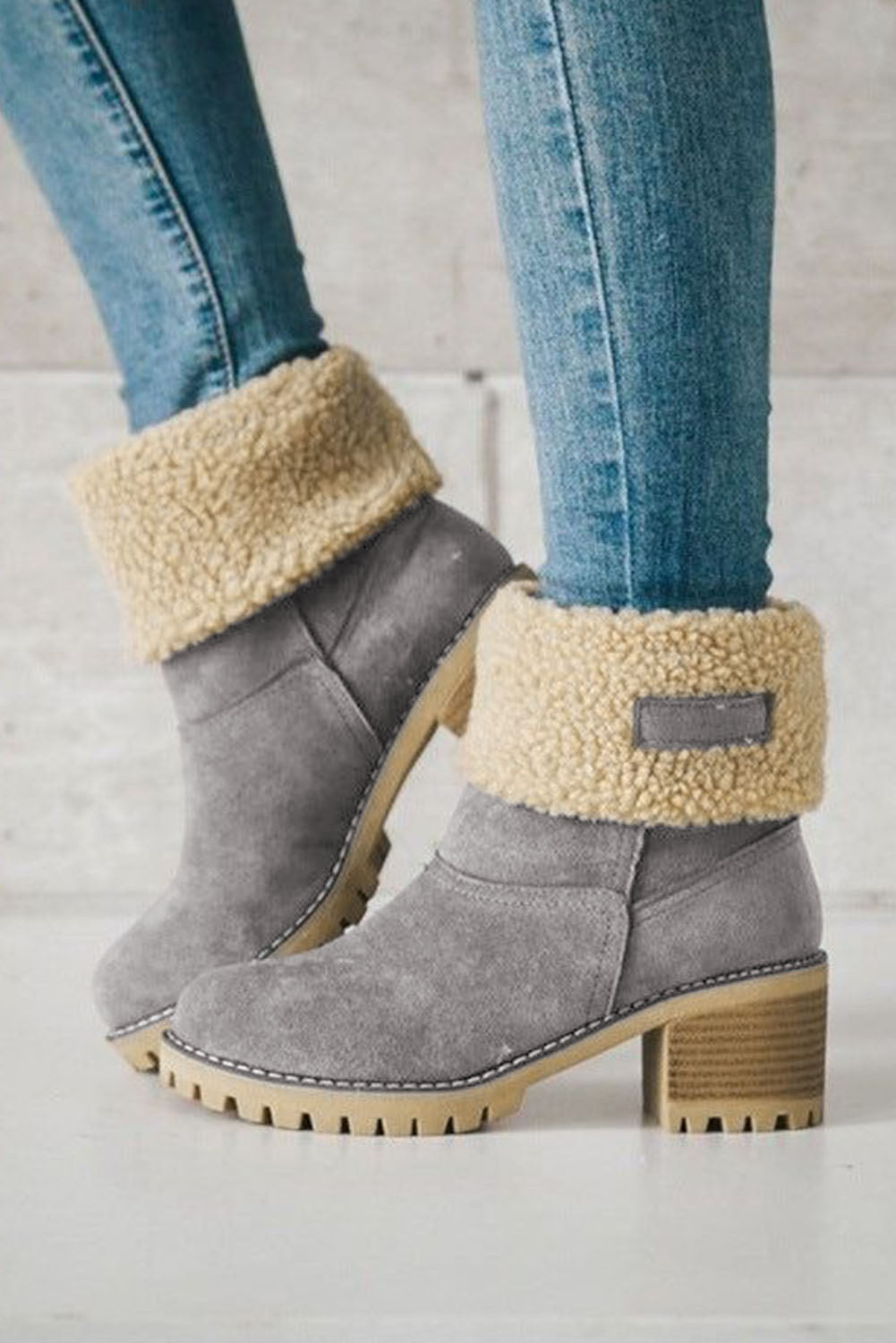 Grey chunky heel fleece lined ankle boots