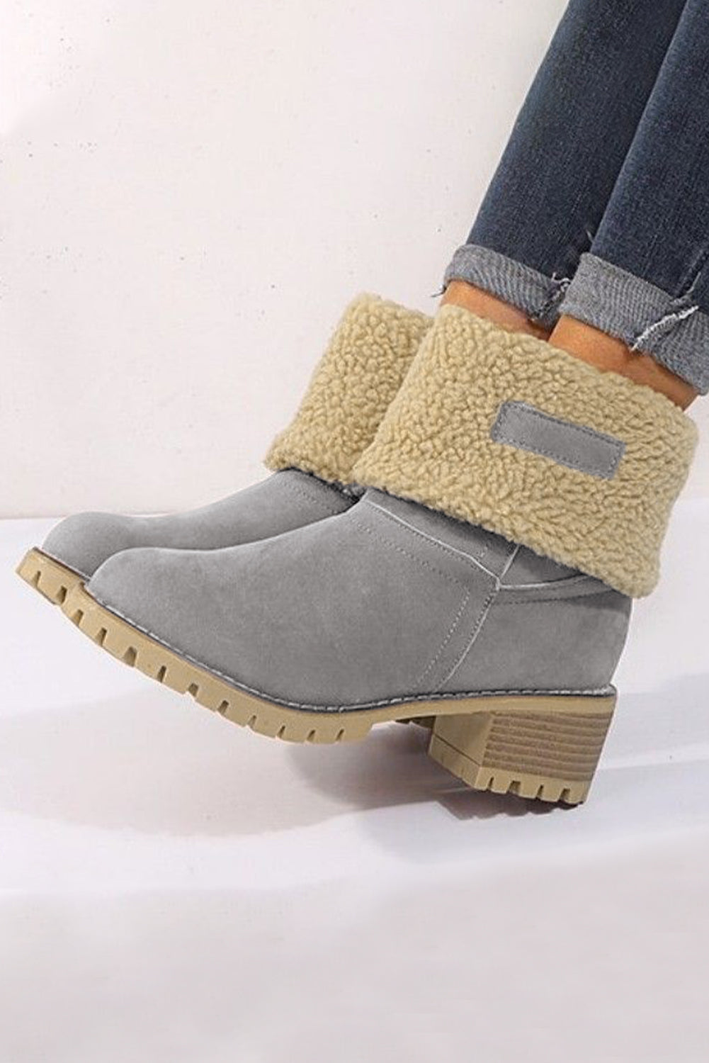 Grey chunky heel fleece lined ankle boots