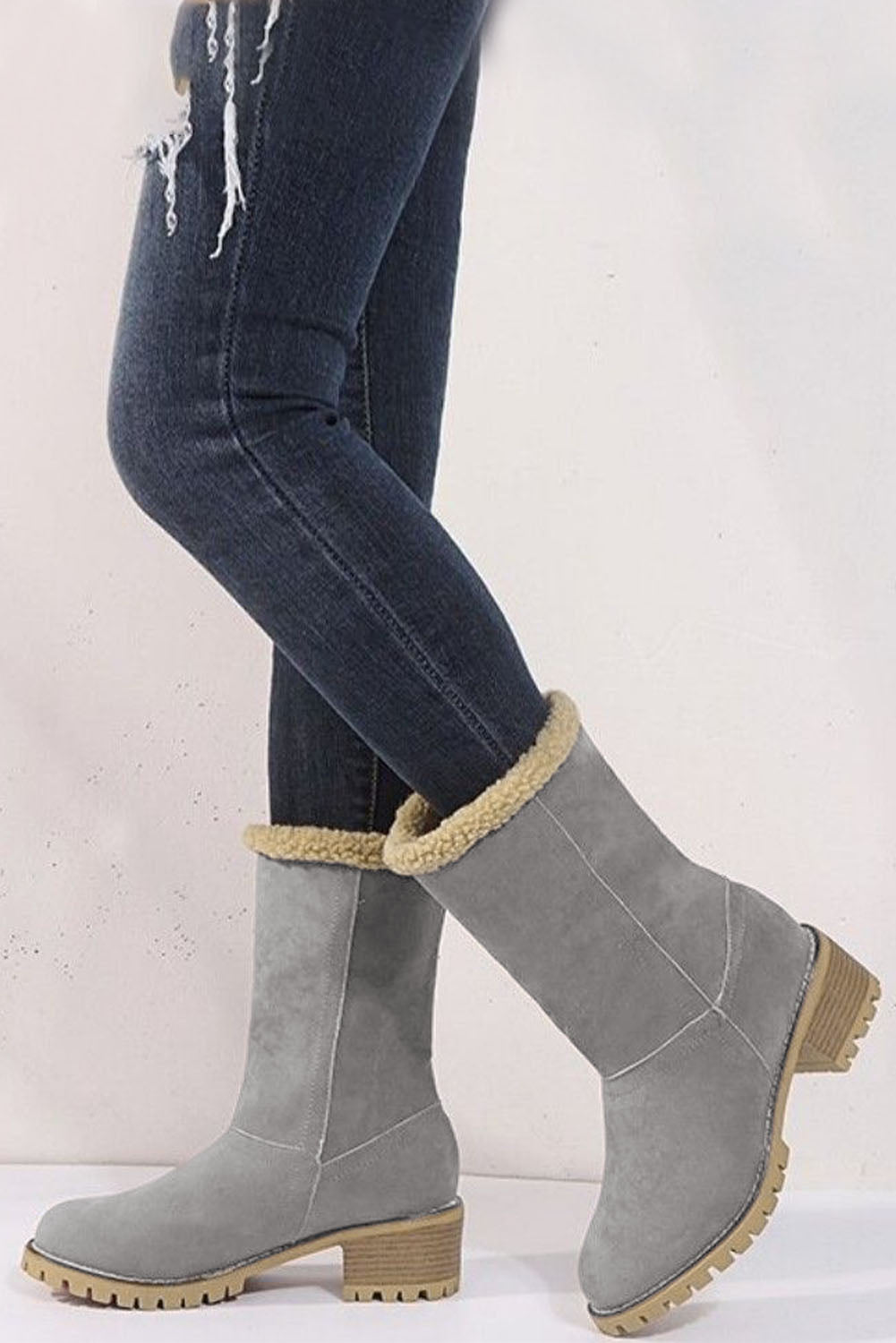 Grey chunky heel fleece lined ankle boots