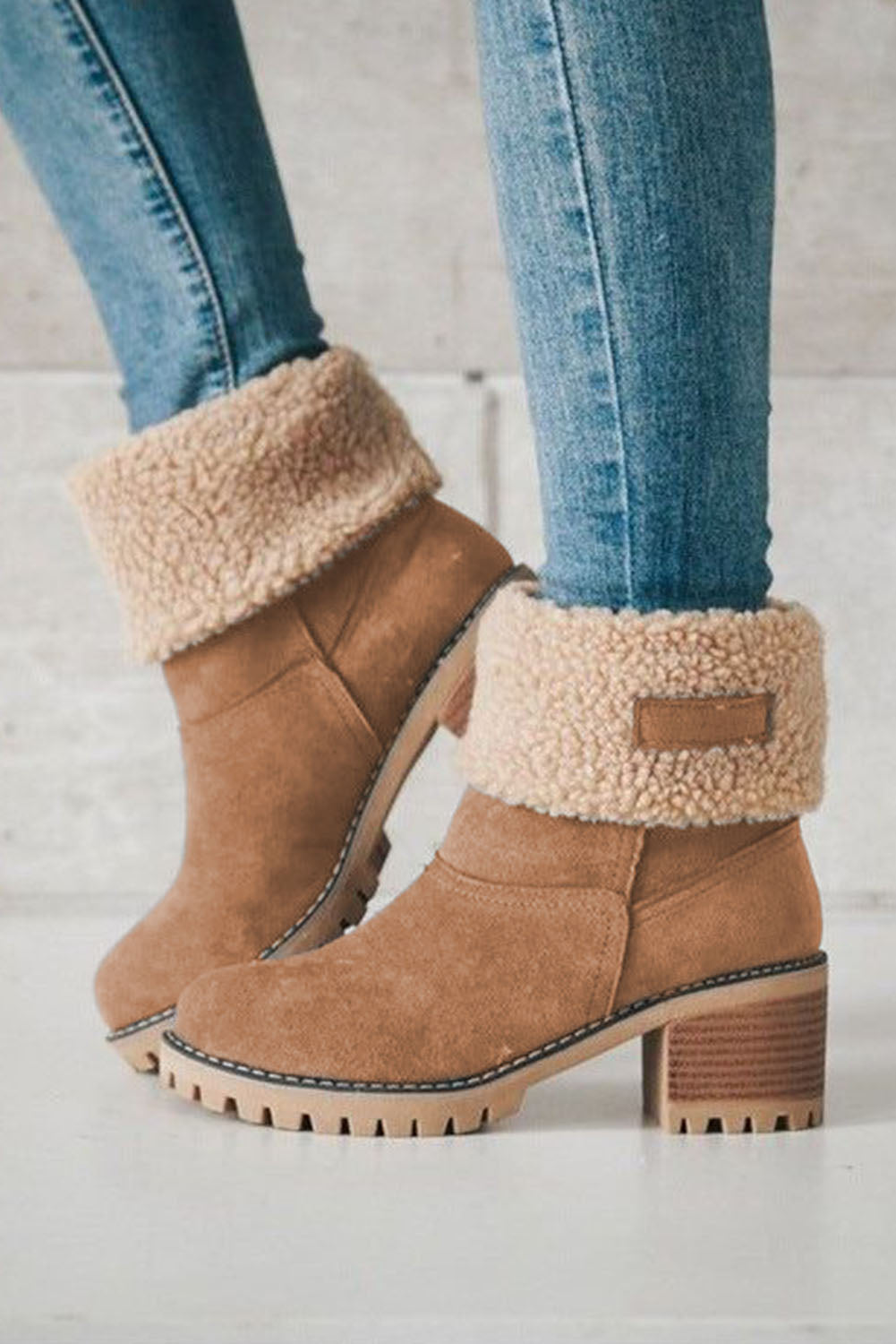 Brown chunky heel fleece lined ankle boots