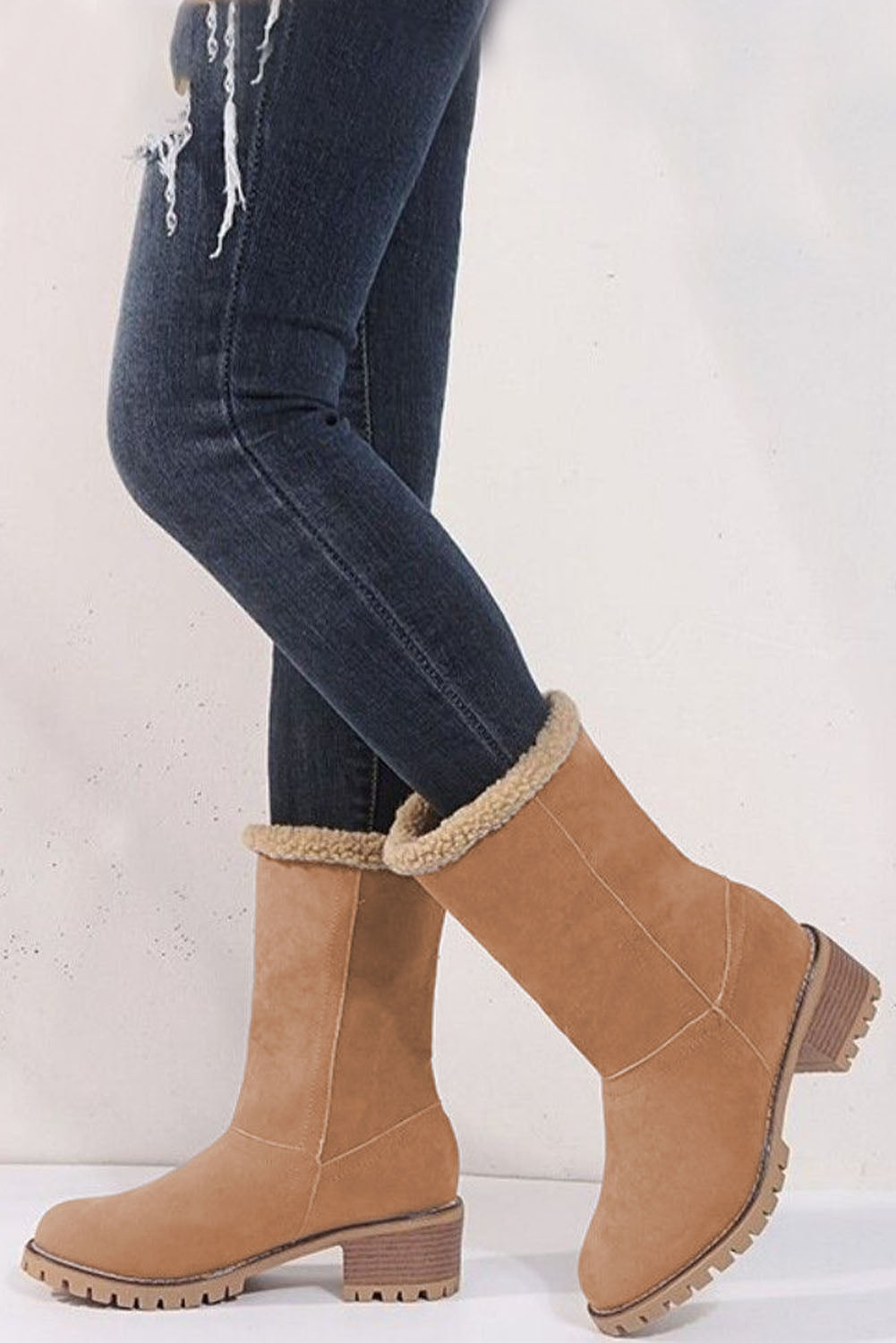 Brown chunky heel fleece lined ankle boots