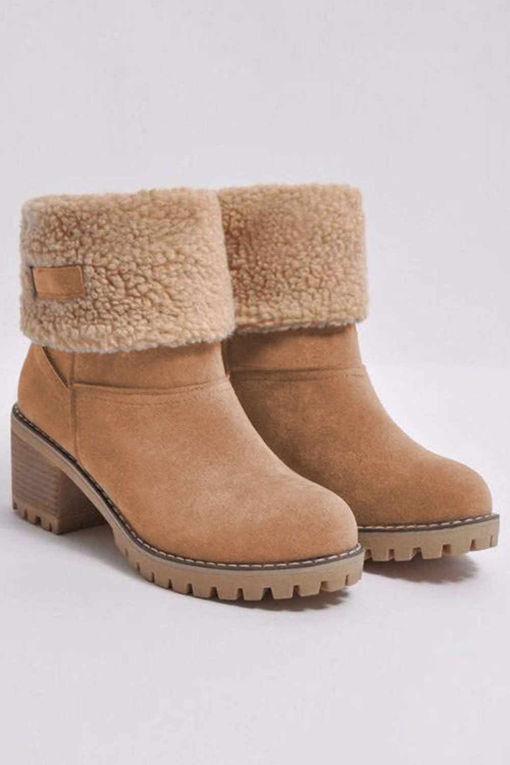 Brown chunky heel fleece lined ankle boots