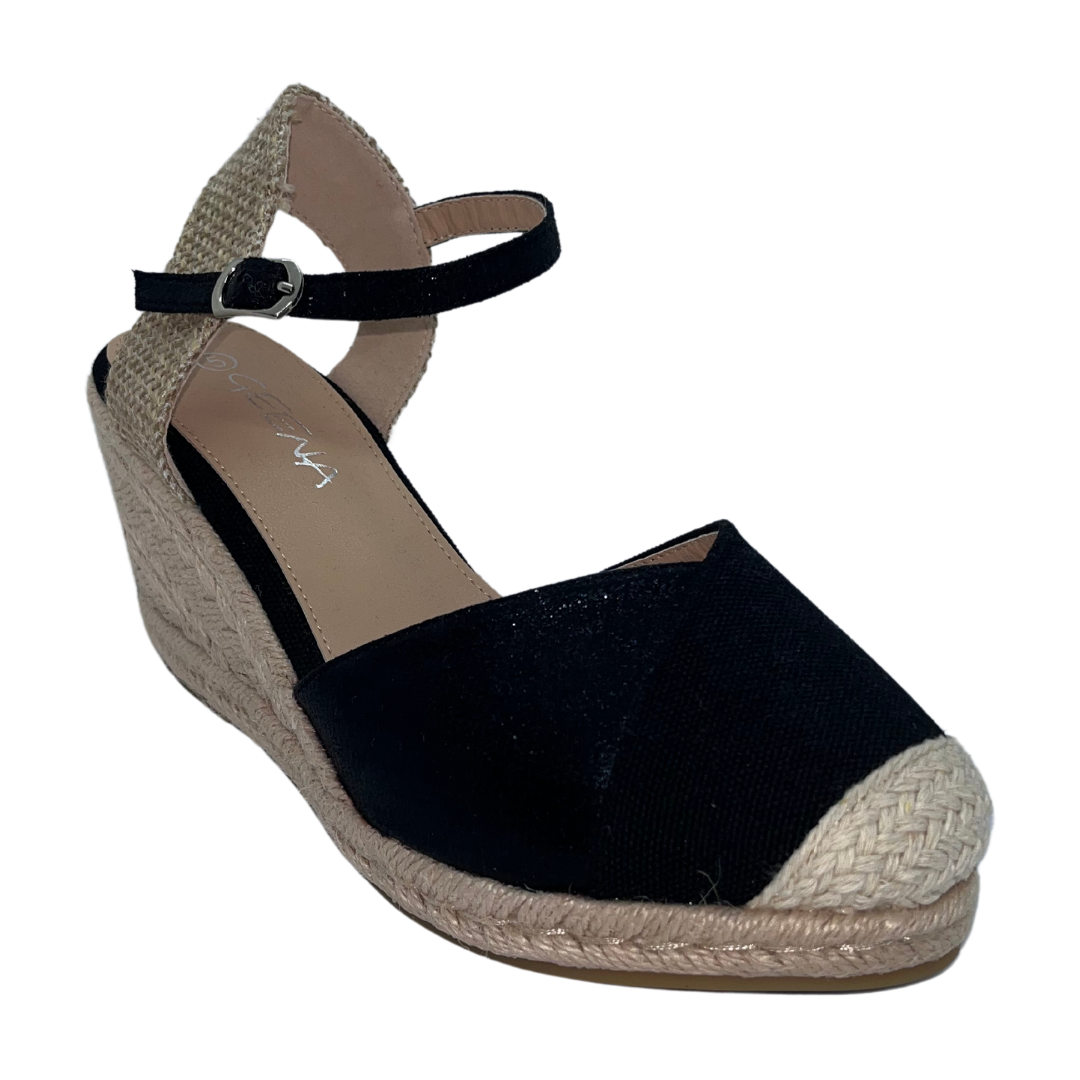 Black closed-toe glitter wedge