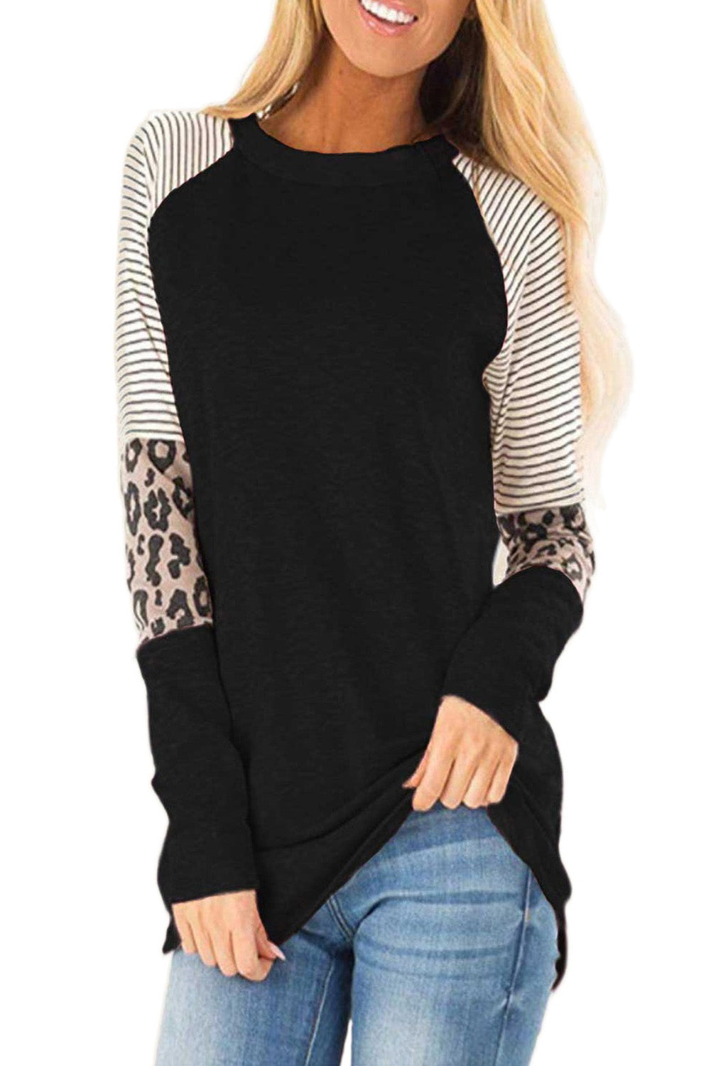 Stripe and Leopard Print Long Sleeve Top