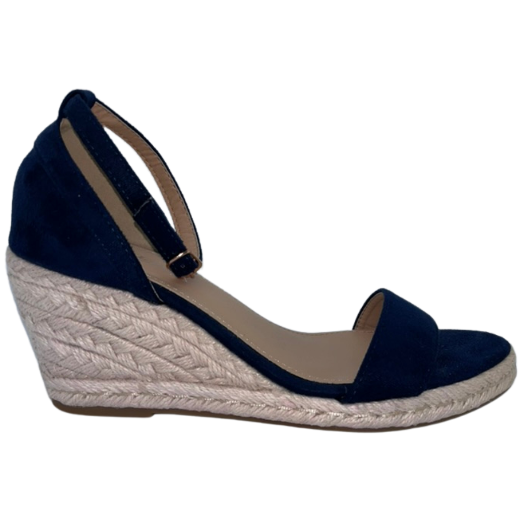 Navy strap open toe wedge