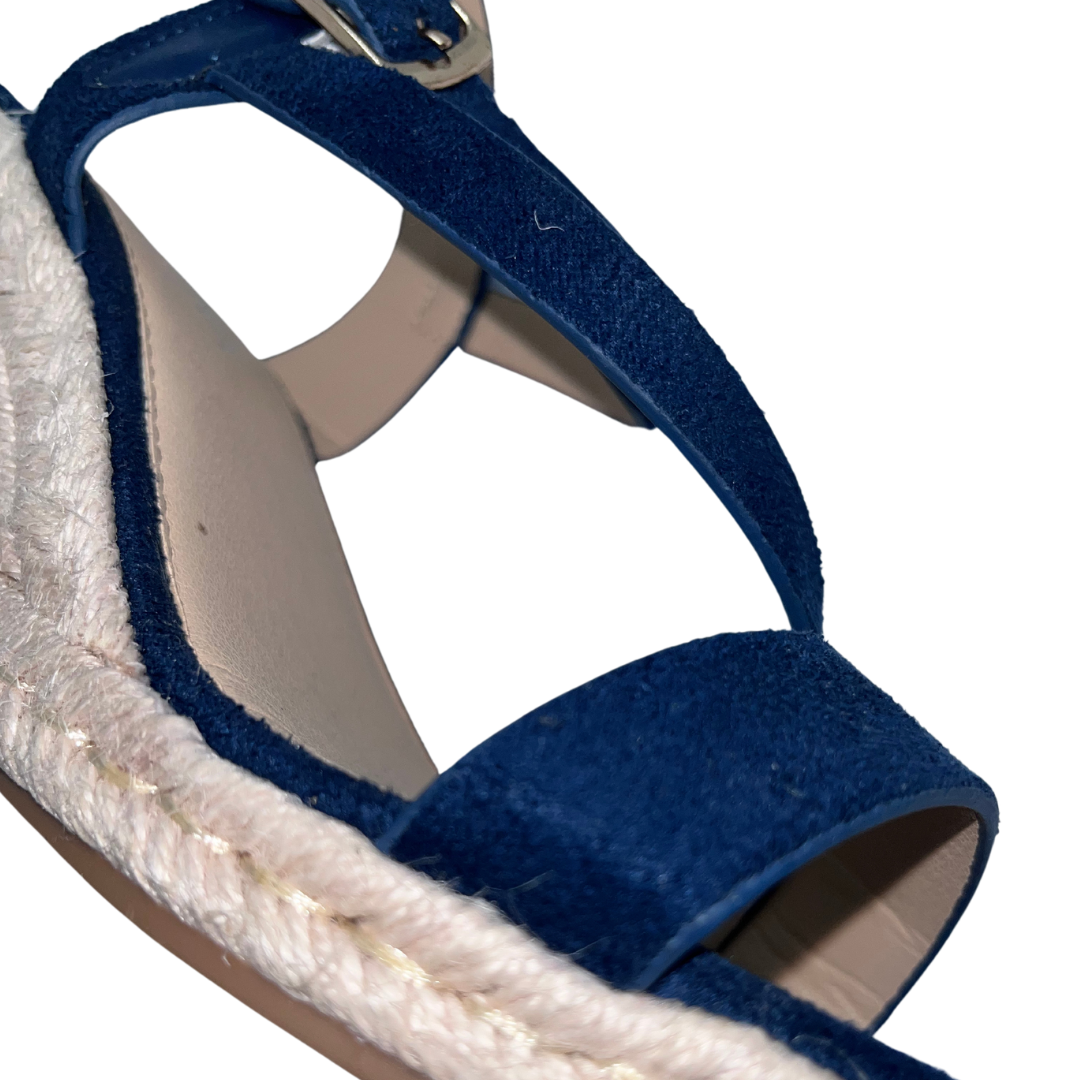 Navy strap open toe wedge