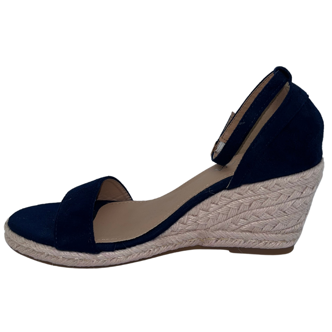 Navy strap open toe wedge