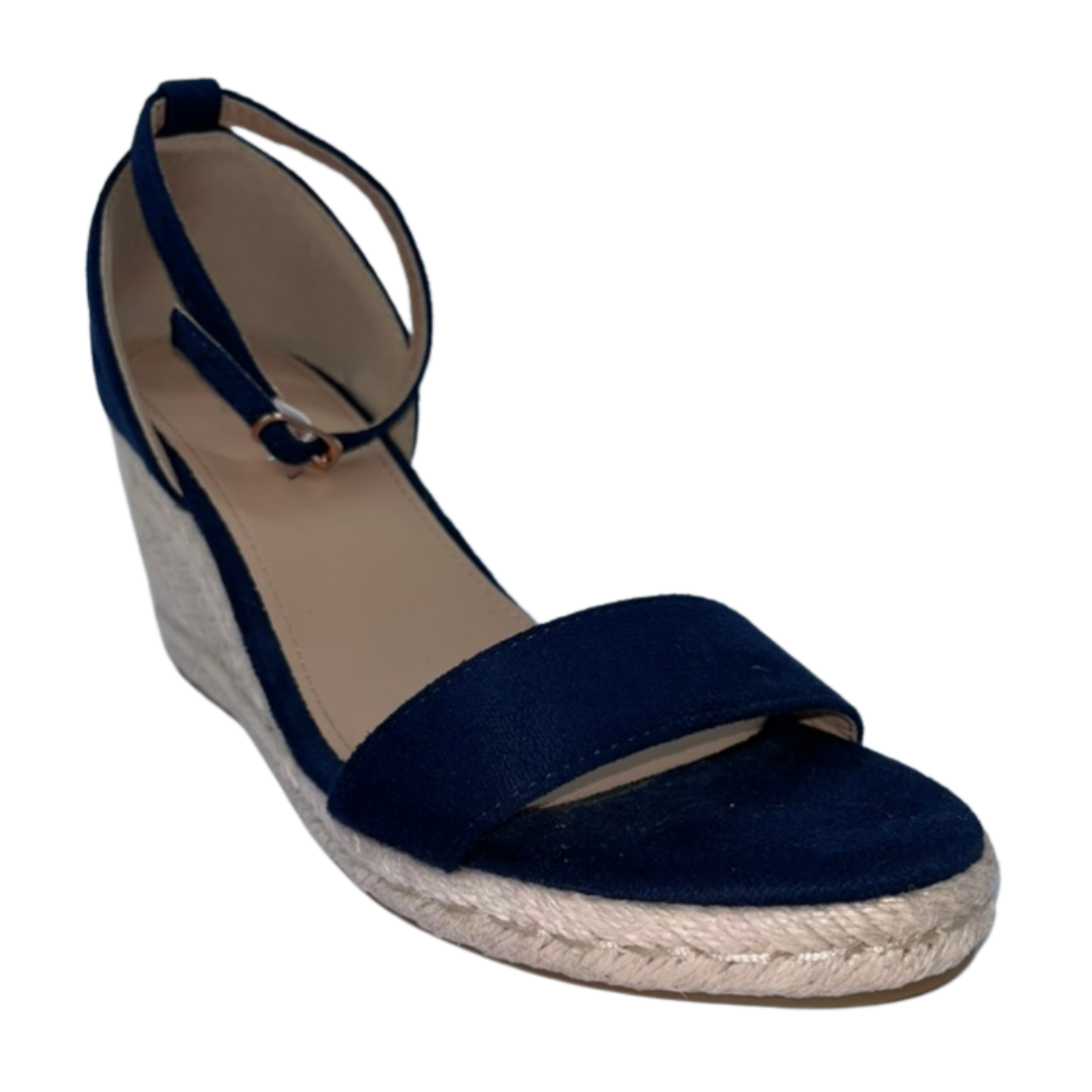 Navy strap open toe wedge