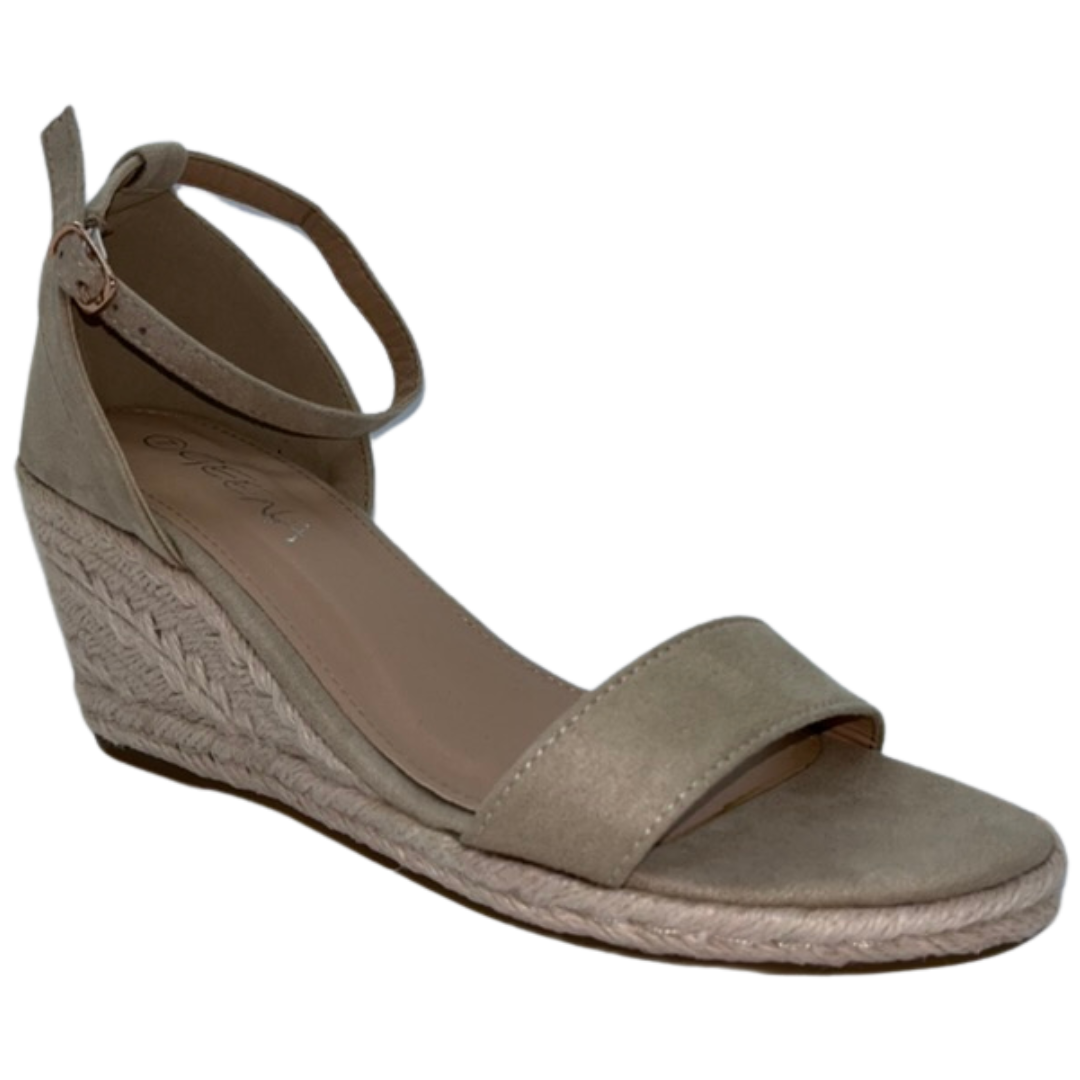 Beige strap open toe wedge