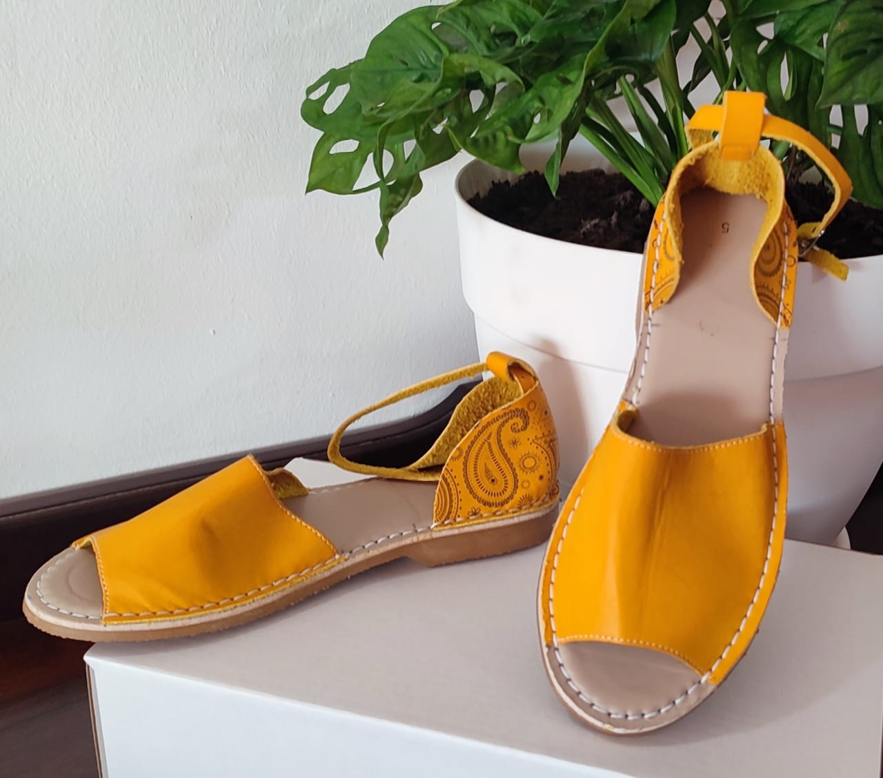 Mustard Open Toe Printed Leather Sandal