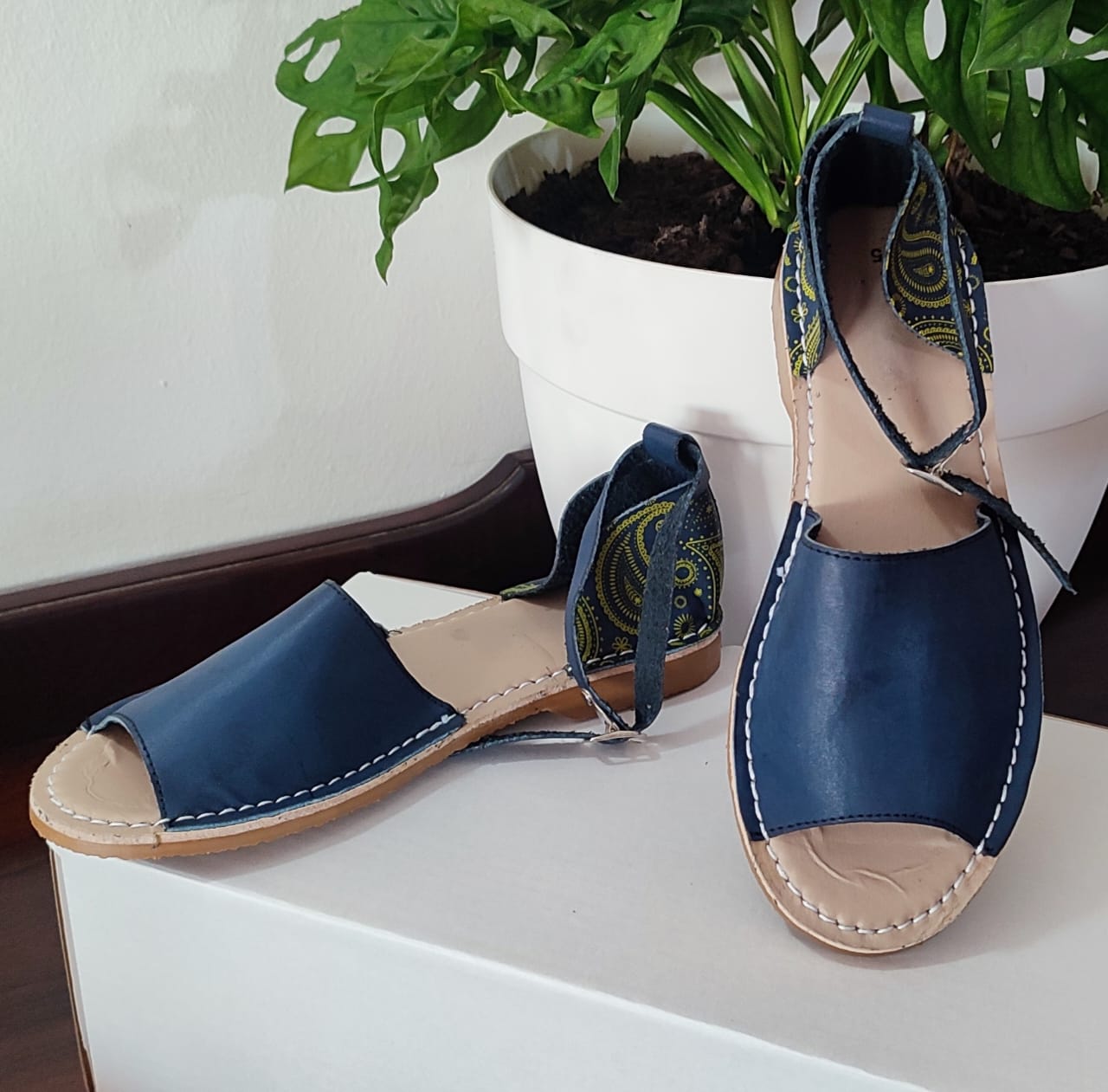 Navy Open Toe Printed Leather Sandal