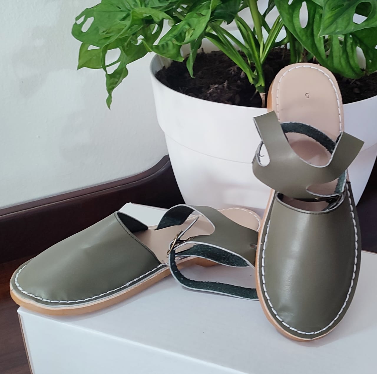 Olive Green Closed Toe Leather Sandal