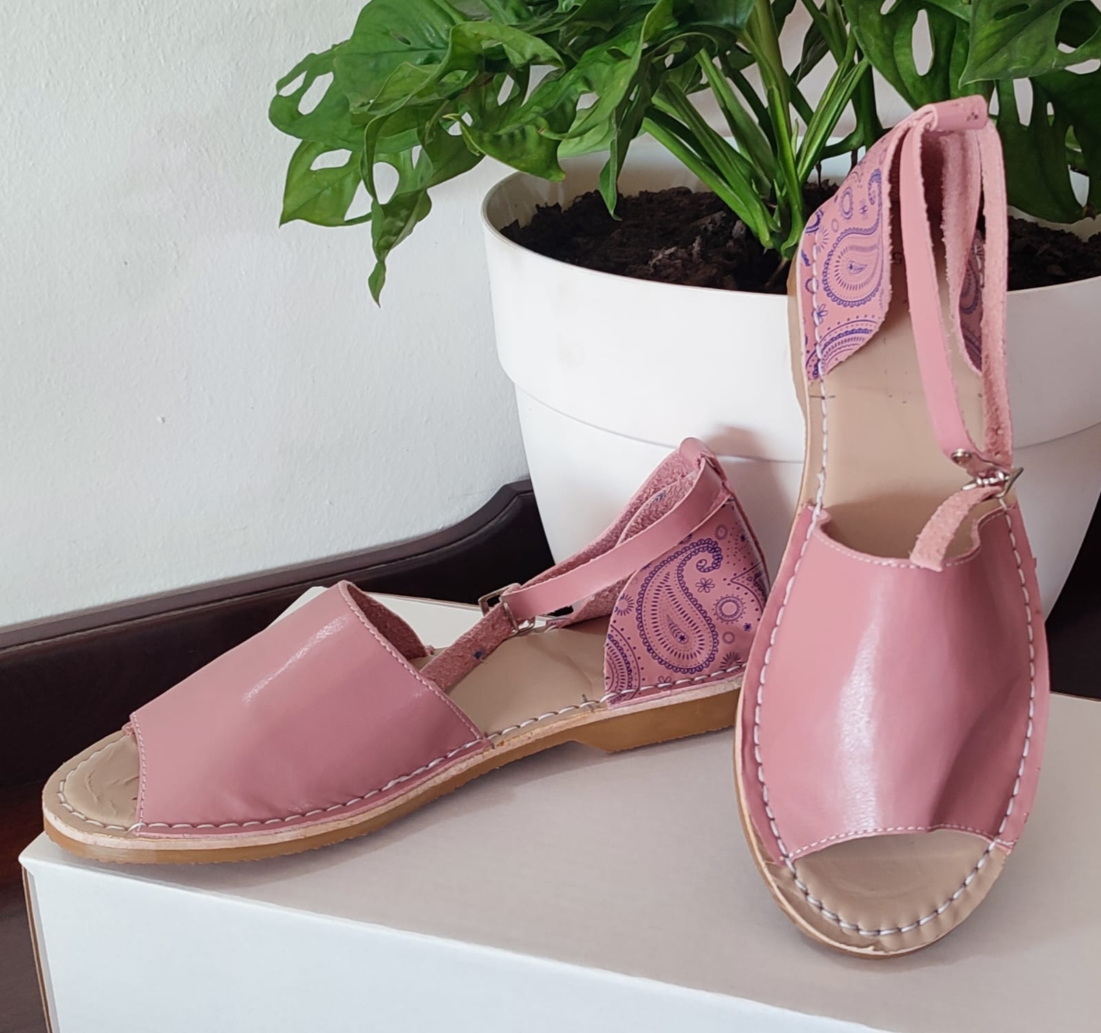 Pink Open Toe Printed Leather Sandal