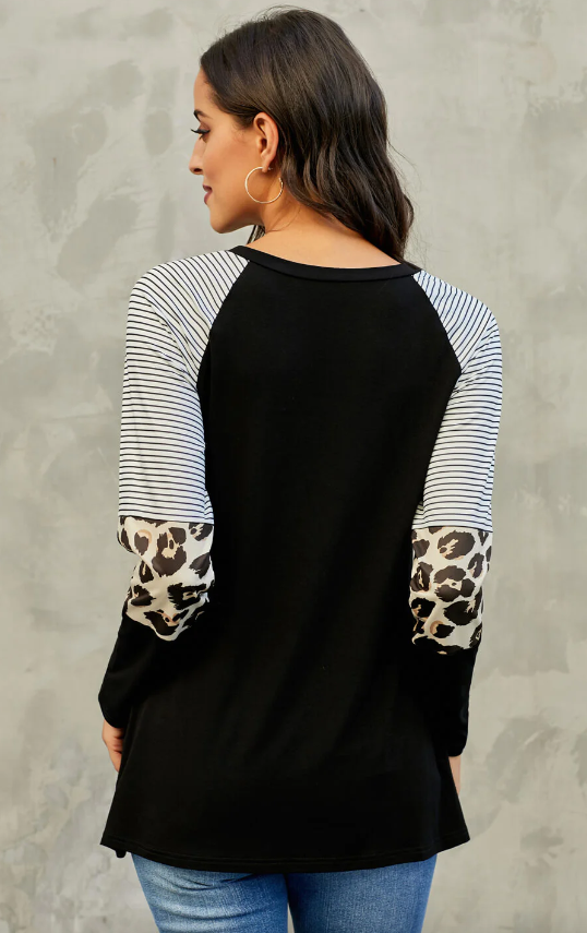 Stripe and Leopard Print Long Sleeve Top