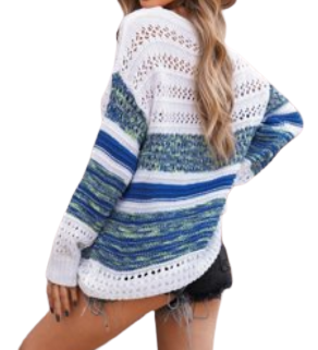 Blue and white loose openwork round neck sweater