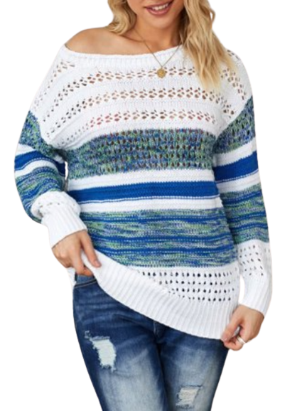 Blue and white loose openwork round neck sweater