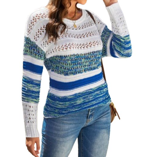 Blue and white loose openwork round neck sweater