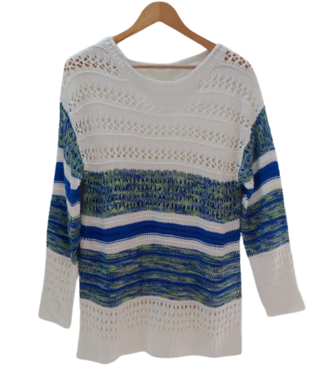 Blue and white loose openwork round neck sweater