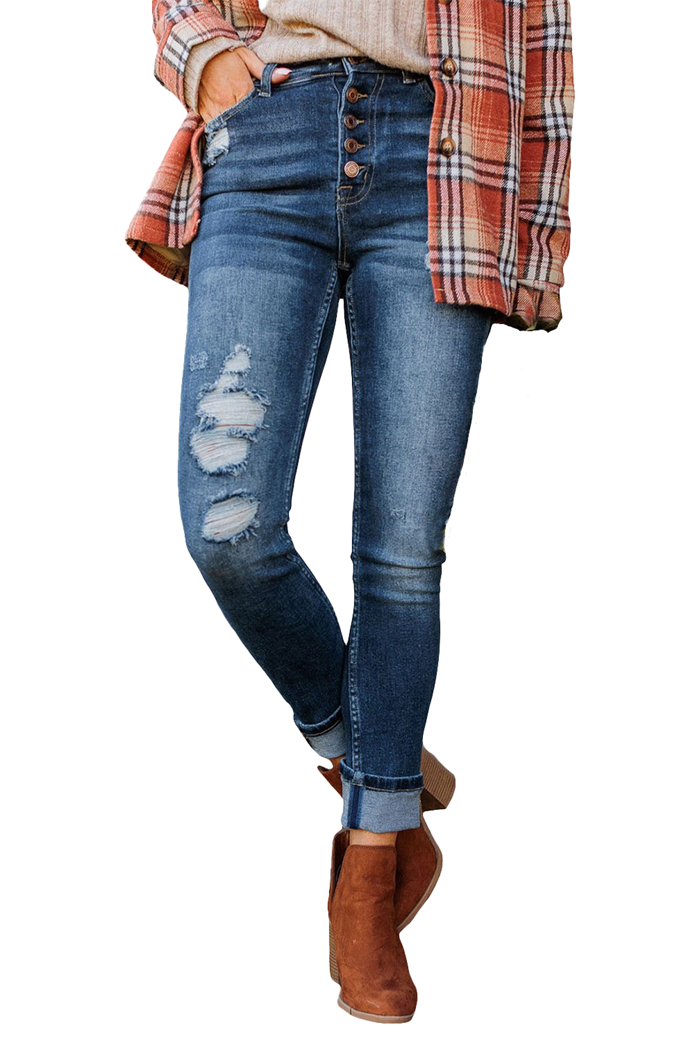 Blue High Waist Button Down Distressed Skinny Jeans