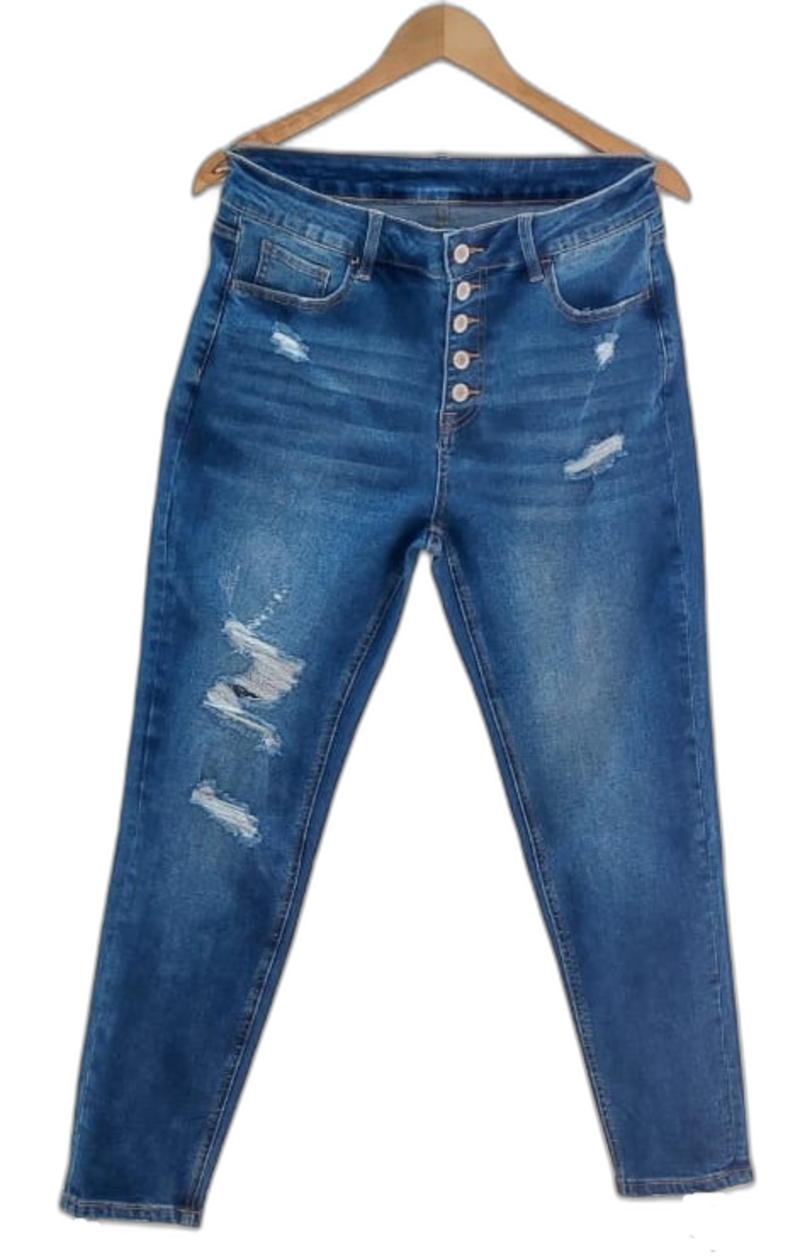 Blue High Waist Button Down Distressed Skinny Jeans