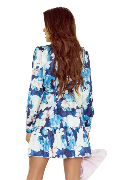 Blue Floral Mini Long Sleeve Ruffle Dress