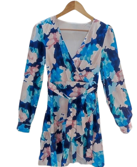 Blue Floral Mini Long Sleeve Ruffle Dress