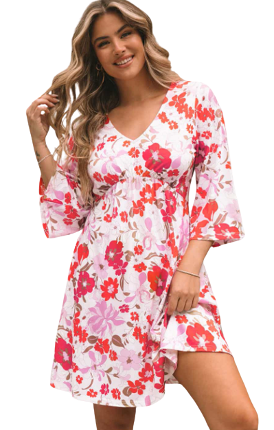 Floral V-Neck Three-Quarter Sleeve Mini Dress