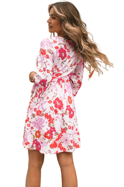 Floral V-Neck Three-Quarter Sleeve Mini Dress