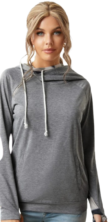 Grey Double Hooded Sweatshirt with Camo Inner Hoodie