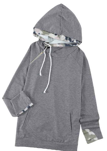 Grey Double Hooded Sweatshirt with Camo Inner Hoodie