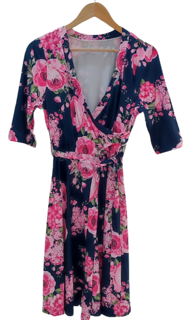 Blue and pink floral V Neck Wrap Dress