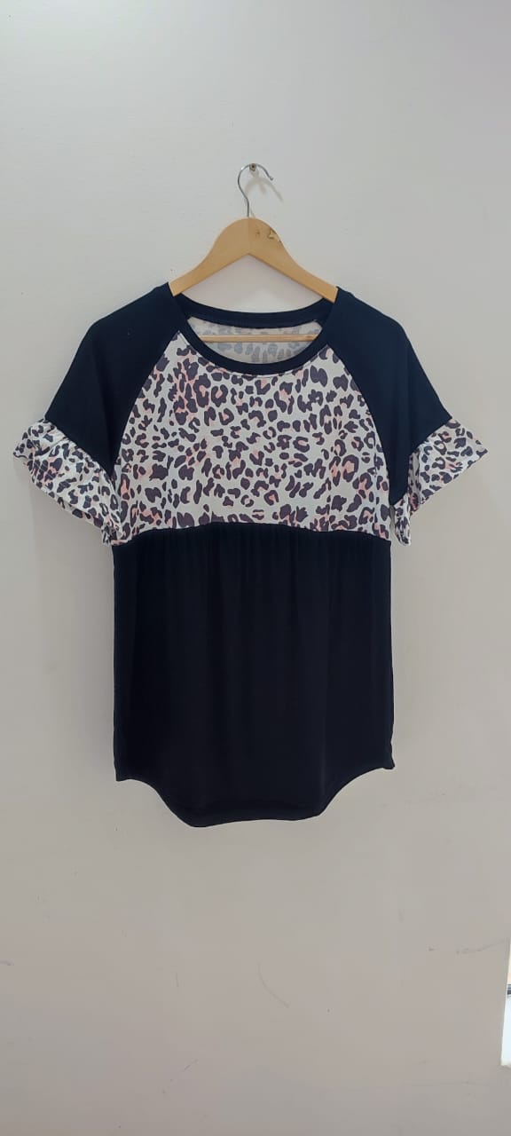 Black Leopard Stitching Pleated top