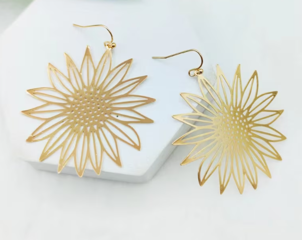 Gold Sunflower Hook Earrings