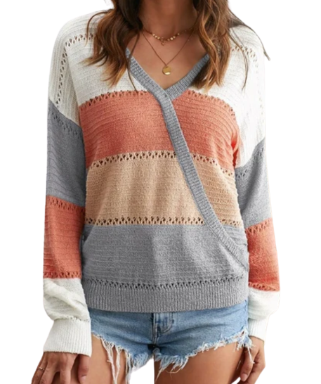 Grey Block V-Neck Knitted Sweater