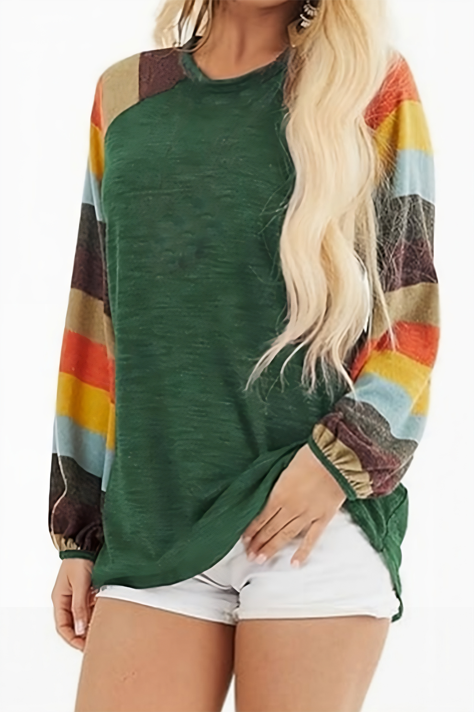 Multicolor Striped Balloon Sleeves Green Top