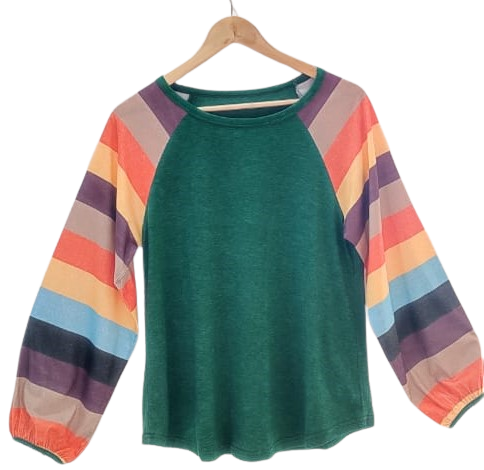 Multicolor Striped Balloon Sleeves Green Top