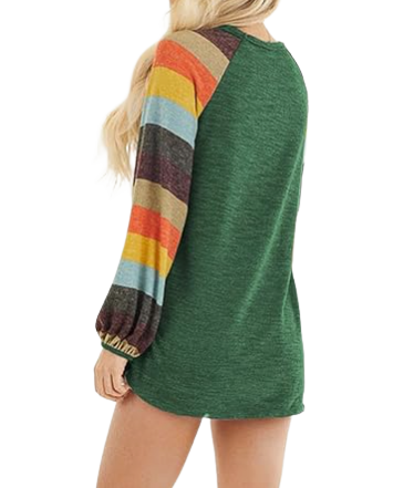 Multicolor Striped Balloon Sleeves Green Top