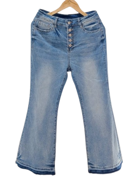 Sky Blue High Waist Buttoned Distressed Flared Jeans