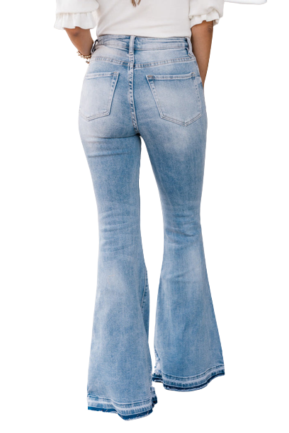 Sky Blue High Waist Buttoned Distressed Flared Jeans