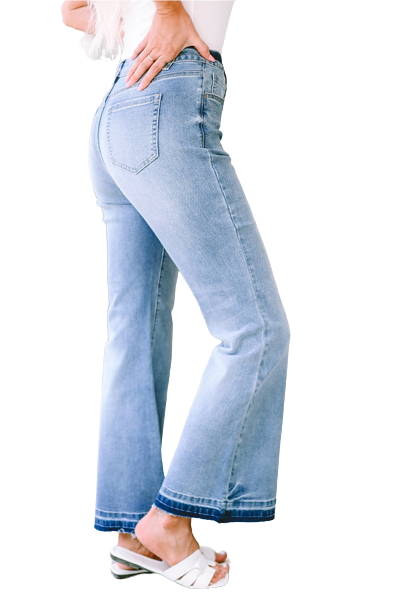 Sky Blue High Waist Buttoned Distressed Flared Jeans