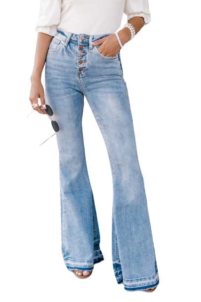 Sky Blue High Waist Buttoned Distressed Flared Jeans