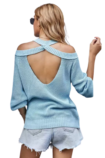 Loose Long Sleeve Open Shoulder, open back Knitted Sweater