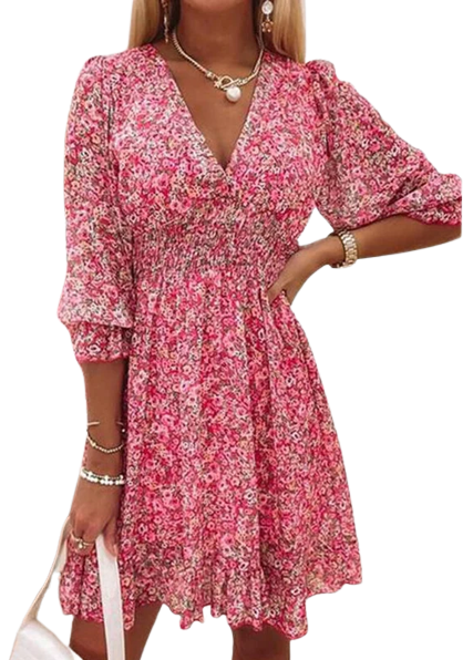 Mini V Neck Bohemian Floral Printed Ruffle Sleeved Dress